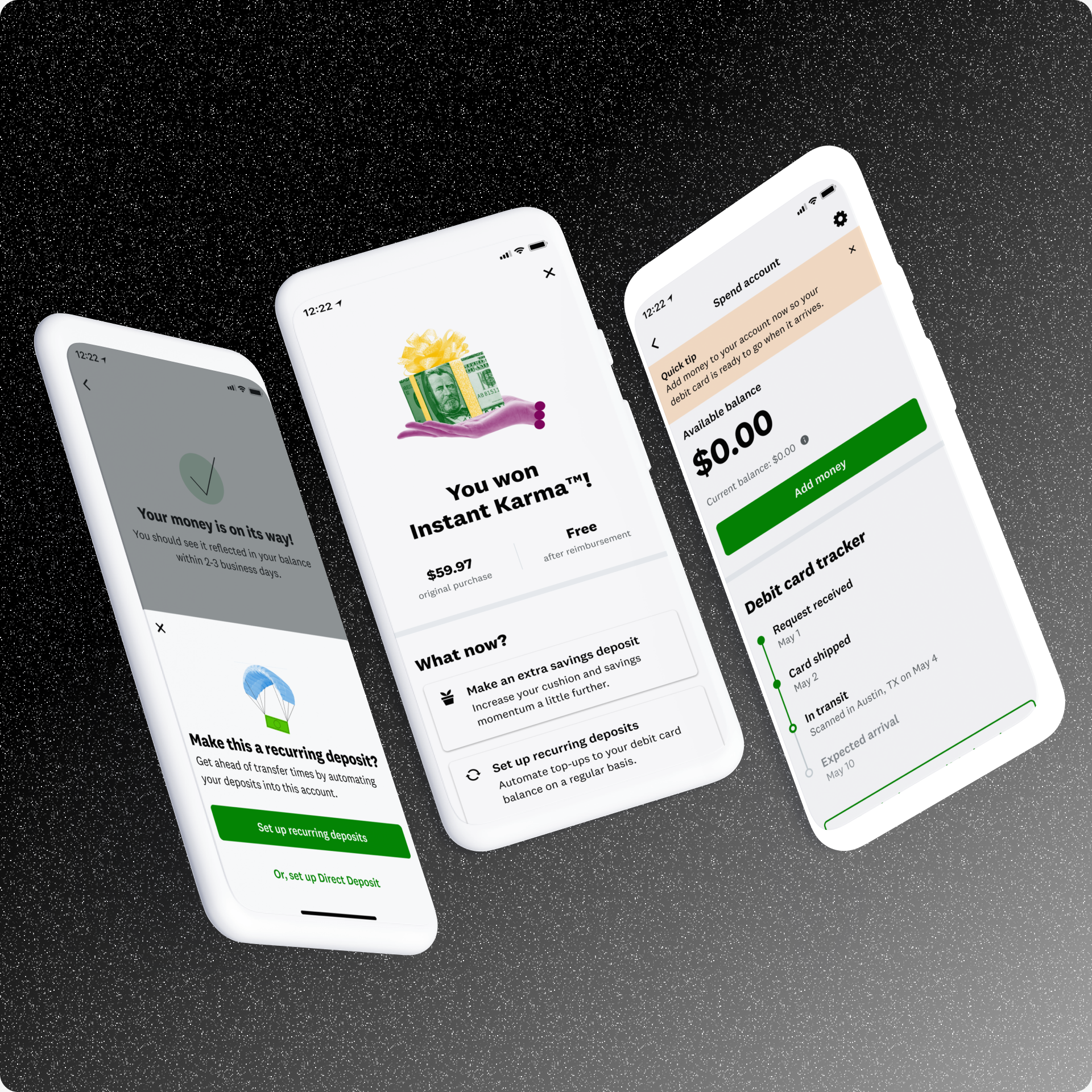Product screenshots of 3 lightweight experiments we ran that help people add money to their accounts.