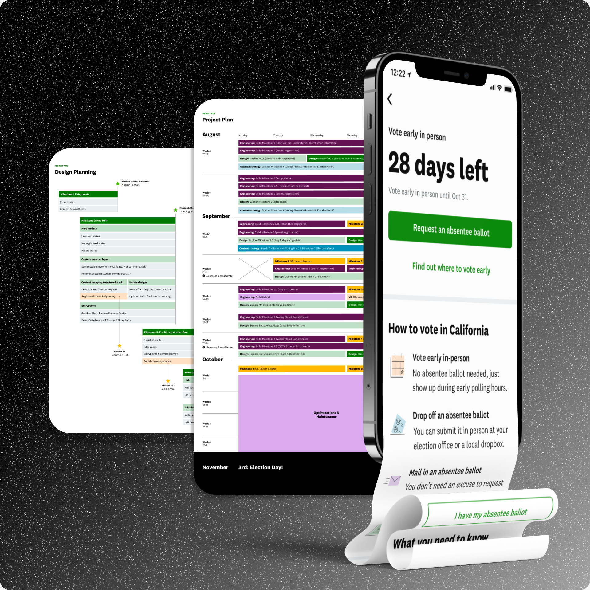 Screenshots of Design Plan, Agile Release Plan, and Voter Roadmap UI.